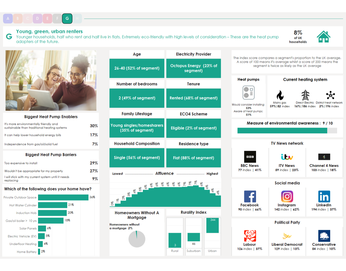 Dashboard showing data points including demographics about this segment like age, home details and media usage