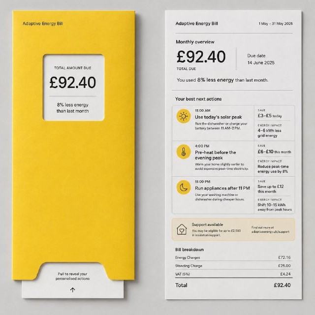 Adaptive Energy Bill design featuring a yellow outer sleeve and an itemised print statement