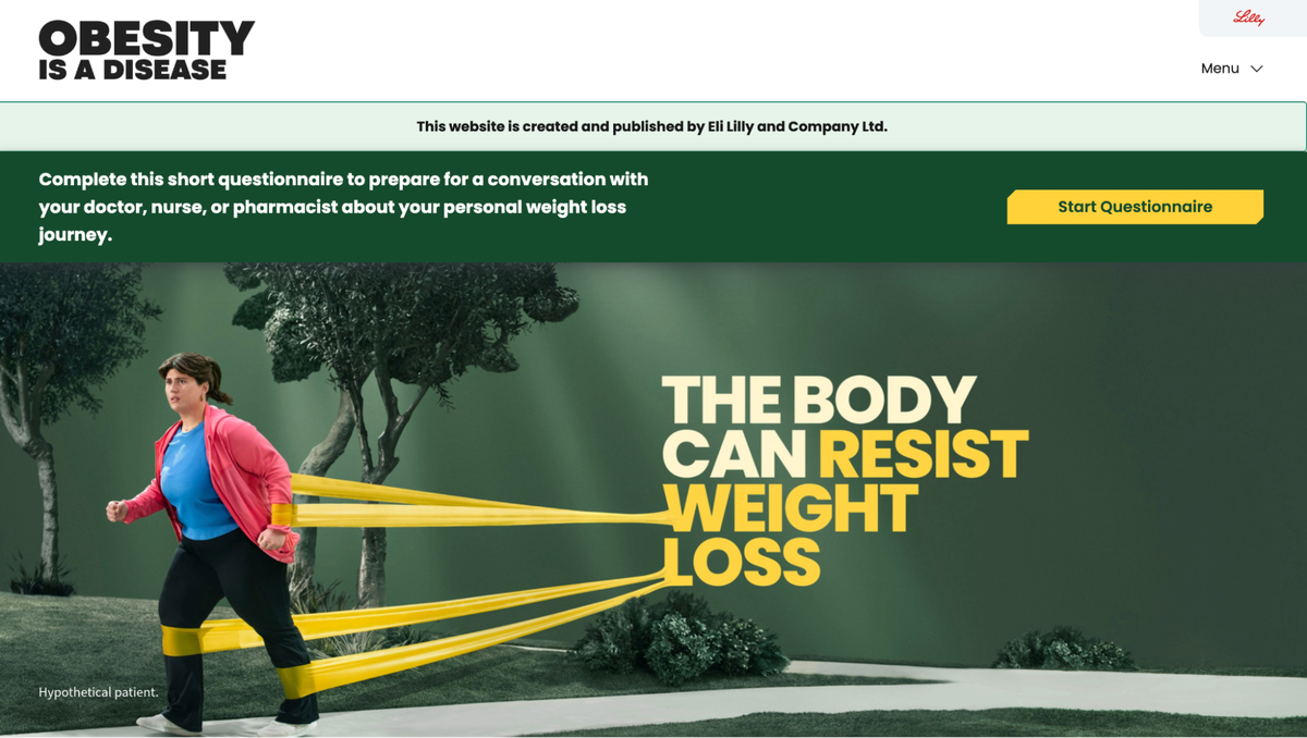Obesity Is a Disease homepage, showing a call to action to questionnaire to start your weight-loss journey, followed by a hero image stating "The body can resist weight loss".