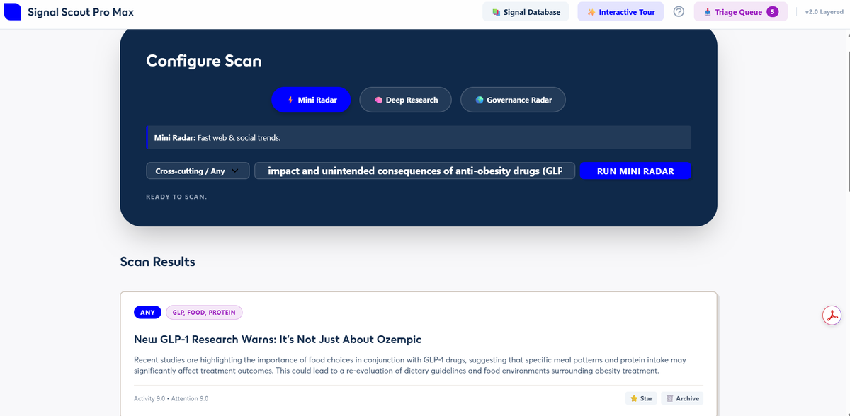Web interface for "Signal Scout Pro Max" displaying a "Configure Scan" section set to "Mini Radar", querying "anti-obesity drugs". Below, a "Scan Results" card warns about food choices regarding GLP-1 drugs.