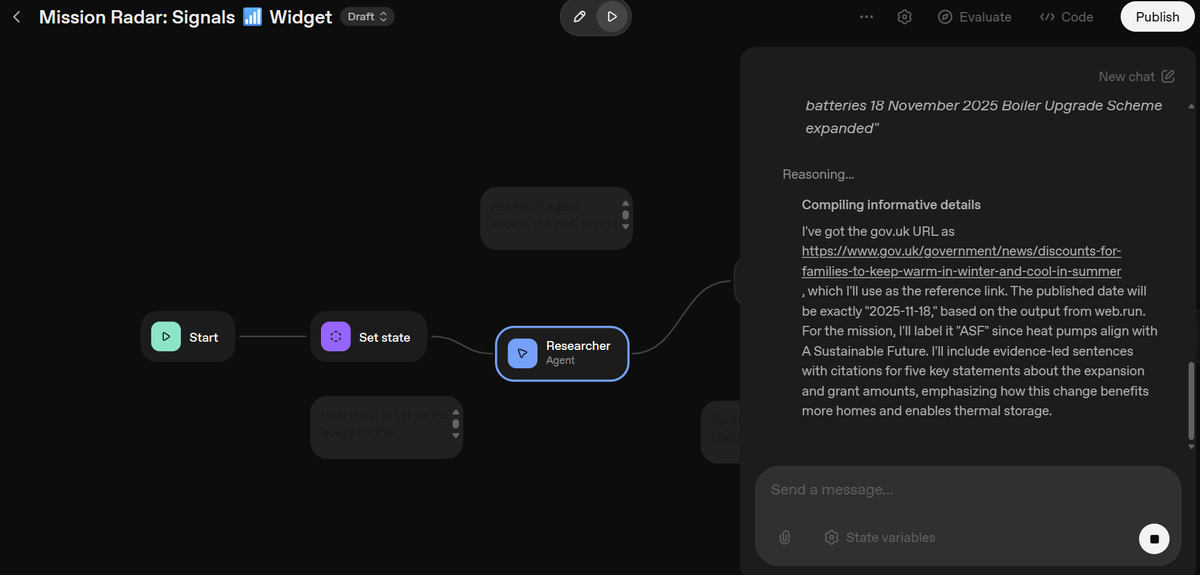 Node-based visual workflow editor for a "Mission Radar: Signals" widget, displaying a pipeline from "Start" to a "Researcher" agent, alongside an expanded chat panel showing the agent's reasoning on heat pumps.