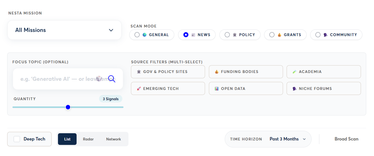 User interface for configuring a signal scan, featuring dropdowns and selectors for Nesta missions, scan modes like 'News', source filters, signal quantity, and a time horizon set to the past three months.