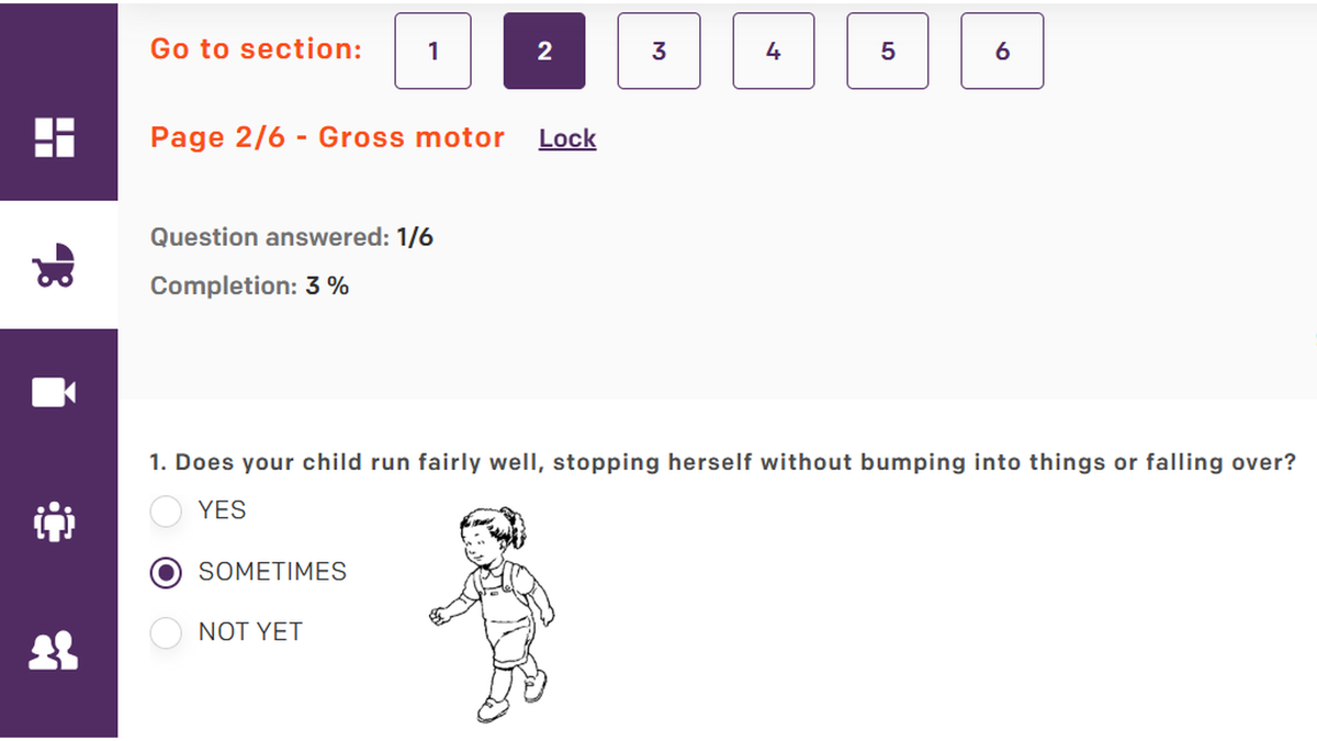 Screenshot of a digital questionnaire on gross motor skills, showing a question about a child's running ability with the answer "SOMETIMES" selected, accompanied by an illustration of a running child.