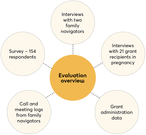 A spoke diagram centered on a solid orange circle that reads 'Evaluation overview'. Five dotted lines connect the center to five surrounding light beige circles containing the following text, reading clockwise from the top: Interviews with two family navigators; Interviews with 21 grant recipients in pregnancy; Grant administration data; Call and meeting logs from family navigators; and Survey – 154 respondents.