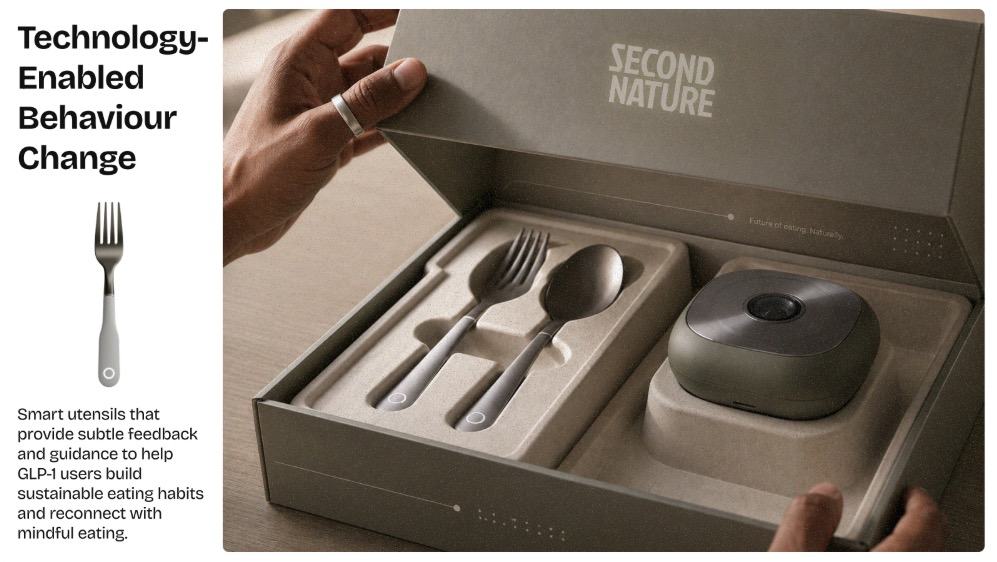 Opened Second Nature product box containing smart utensils and a circular feedback module designed to build sustainable eating habits and support GLP-1 users