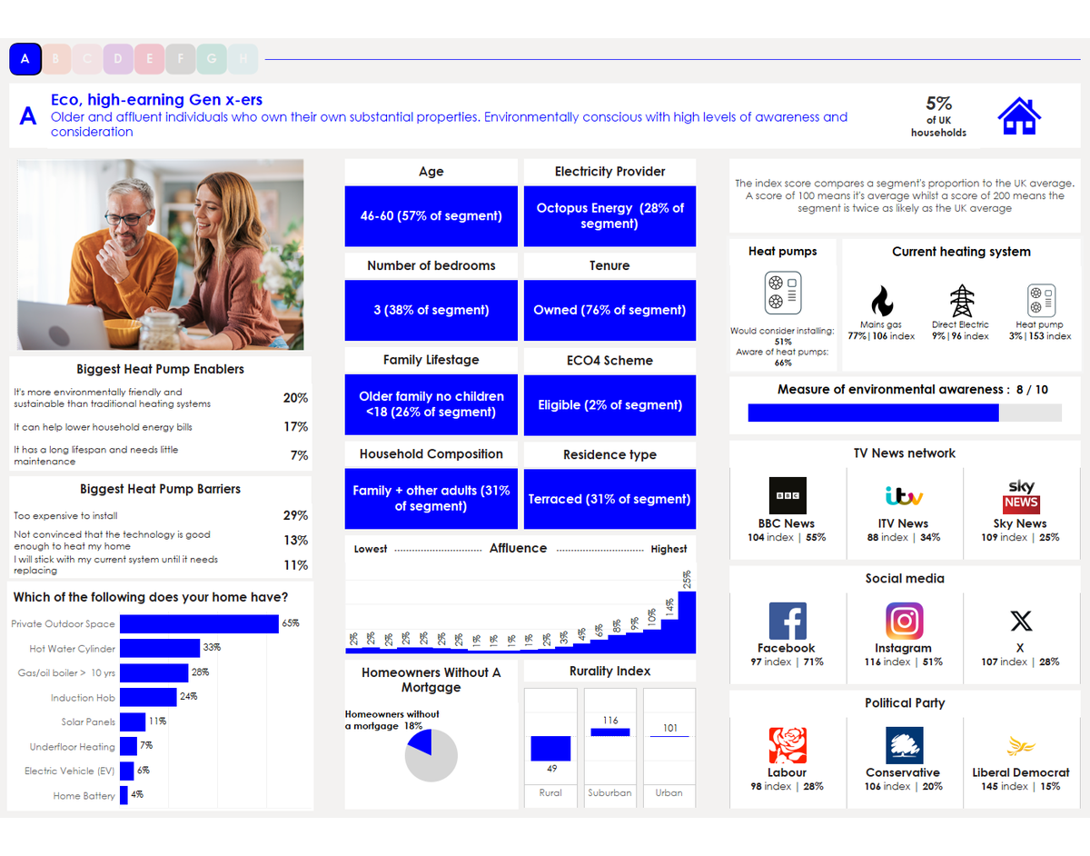 Dashboard showing data points including demographics about this segment like age, home details and media usage