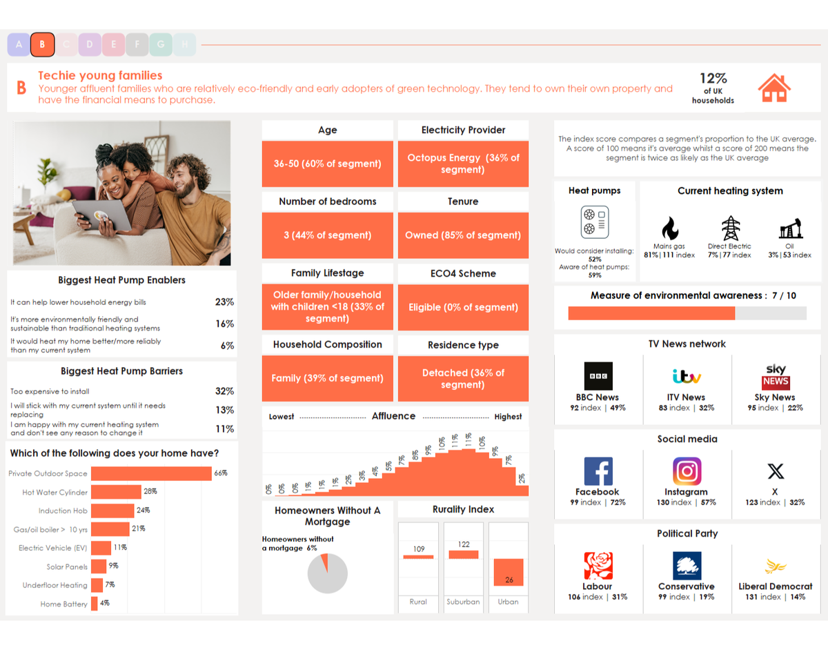 Dashboard showing data points including demographics about this segment like age, home details and media usage