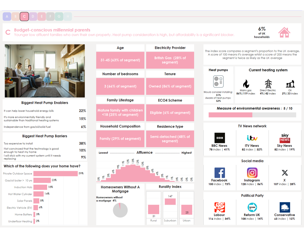 Dashboard showing data points including demographics about this segment like age, home details and media usage