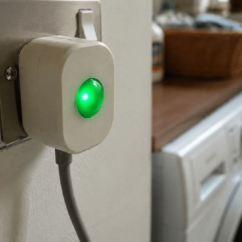 Close-up of a white smart plug adapter plugged into a stainless steel wall socket, featuring a brightly illuminated green oval indicator light in the center