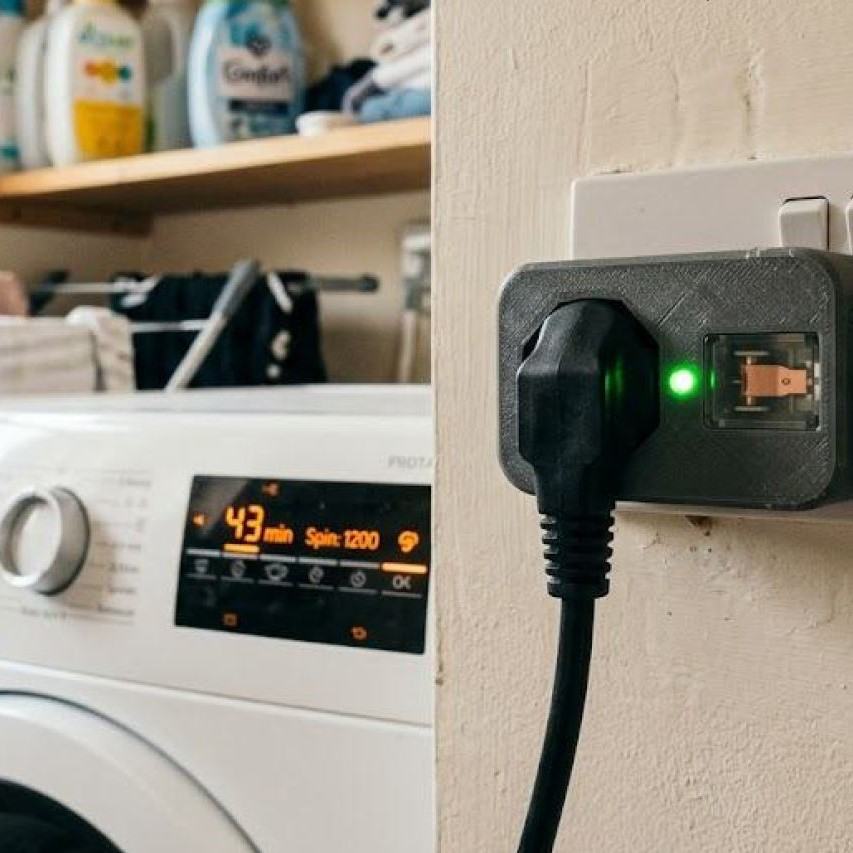 Smart power adapter with an active green light plugged into a wall socket next to a running washing machine display showing 43 minutes remaining