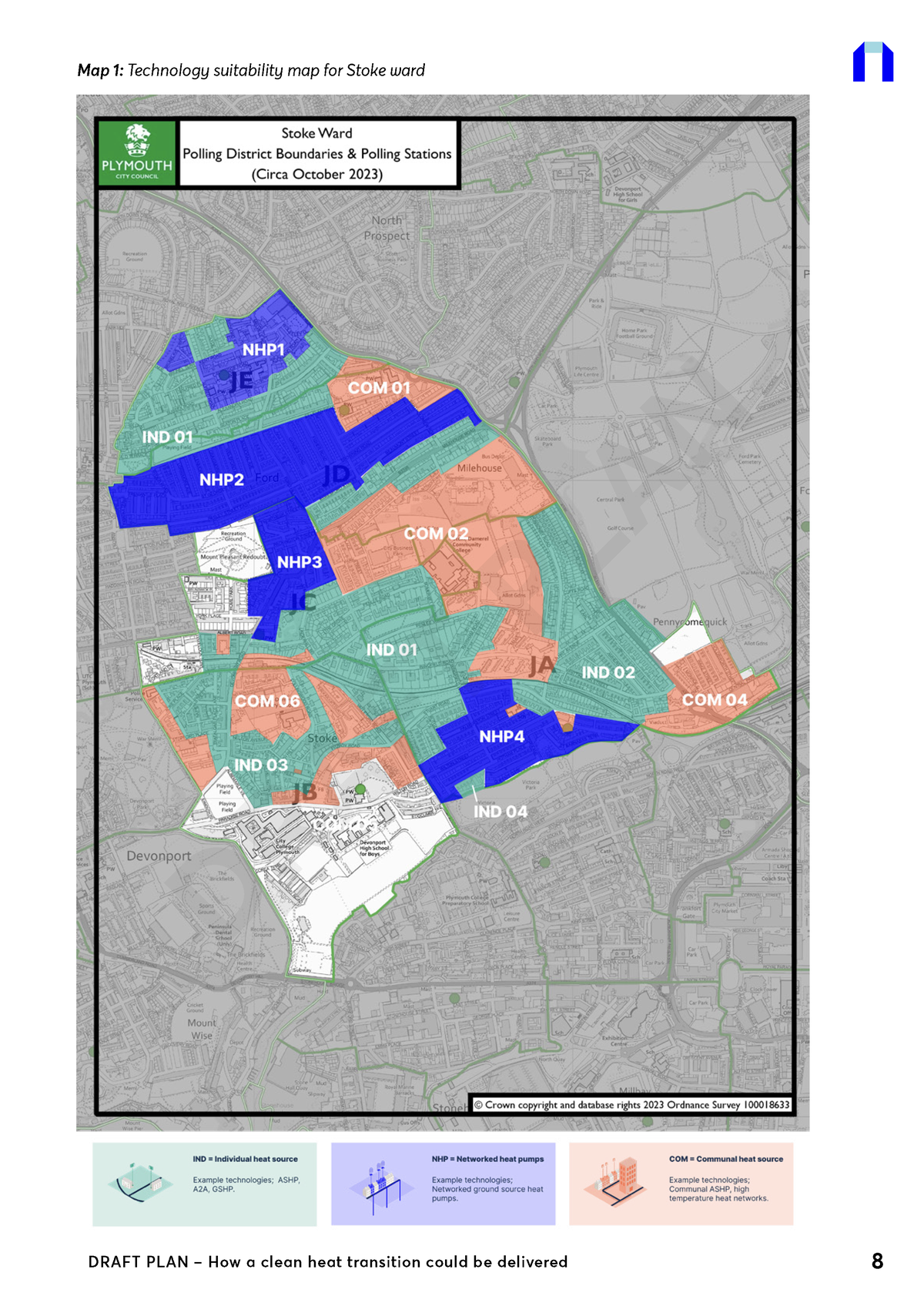Map of Stoke Ward, Plymouth, showing a clean heat transition plan. Color-coded areas indicate suitability for individual (green), networked ground source (blue), or communal (orange) heat sources
