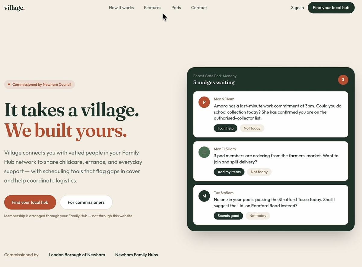 Landing page for Village, featuring headline text "It takes a village. We built yours." beside a mobile app preview displaying local community requests and activity nudges