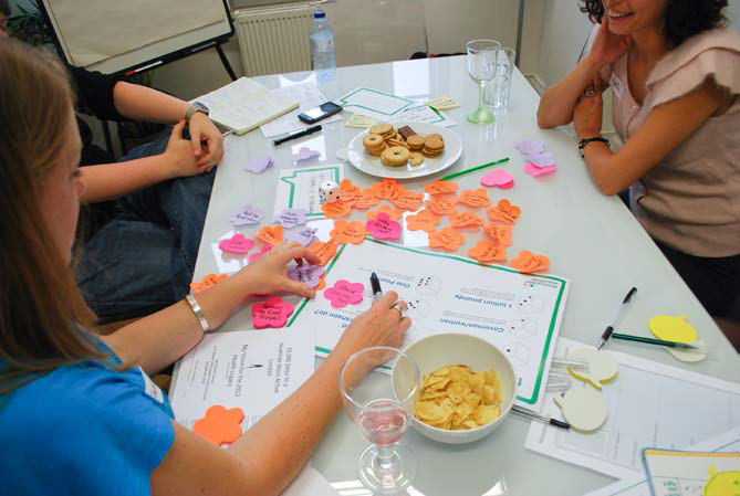 A group of people sitting around a white table, participating in a workshop activity using flower-shaped sticky notes