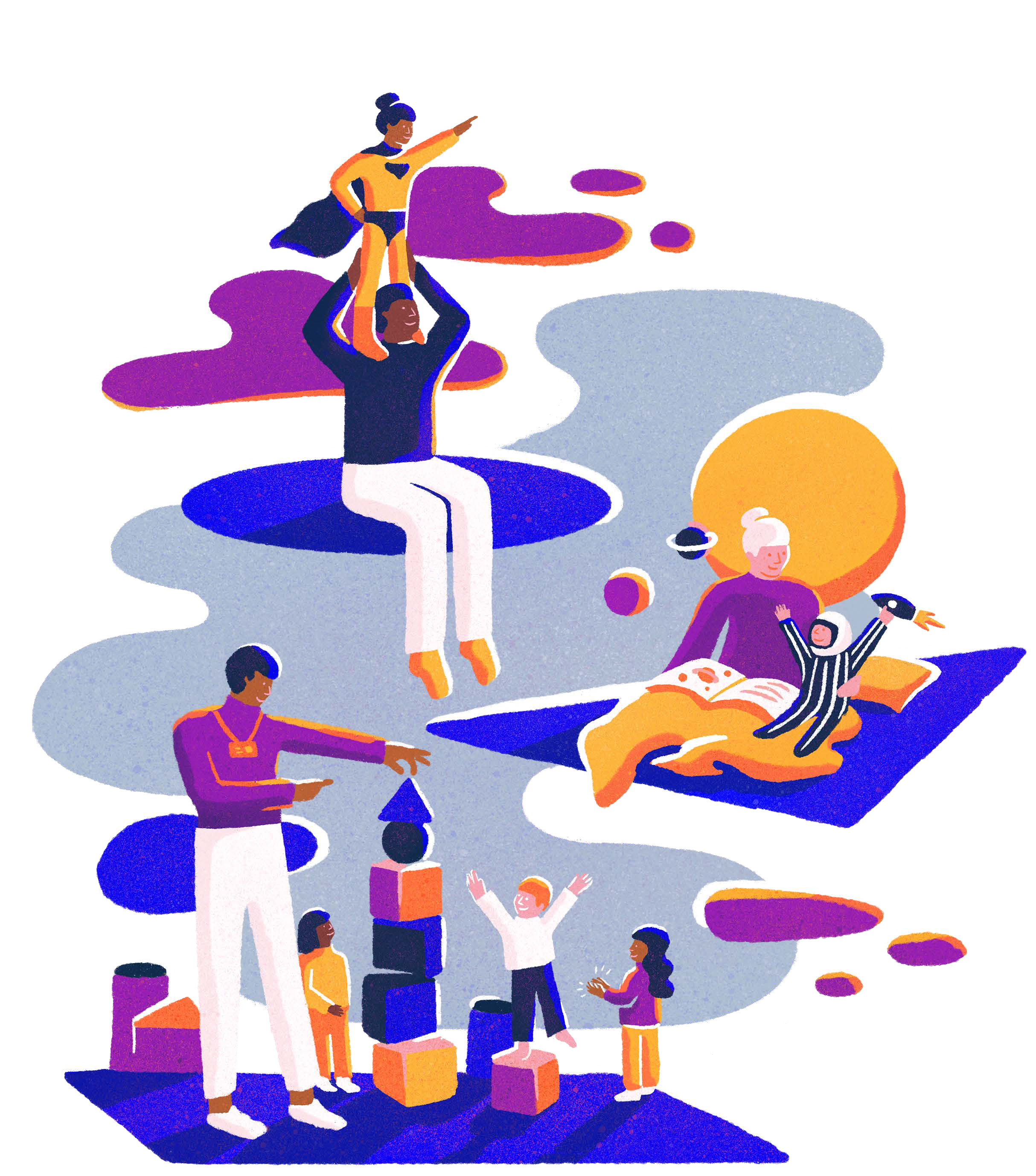 A composite illustration depicting various family activities: an adult holding a child superhero, an adult reading to an astronaut child, and an adult and children building with blocks.