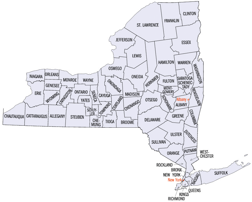 Map of New York State showing all counties with their names, and marking the locations of Albany and New York City.