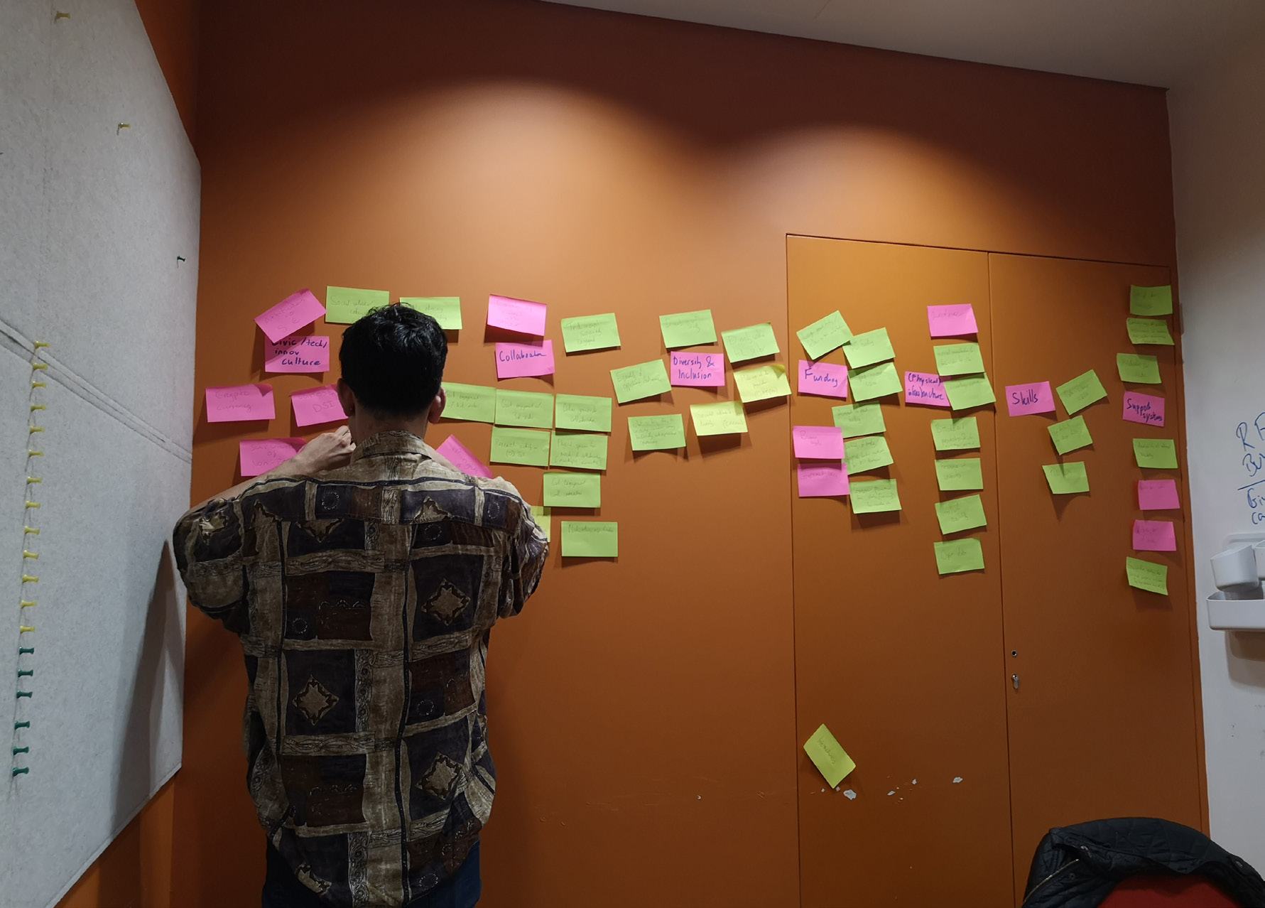 A person from behind places colorful sticky notes on an orange wall, illustrating a brainstorming or data gathering session.