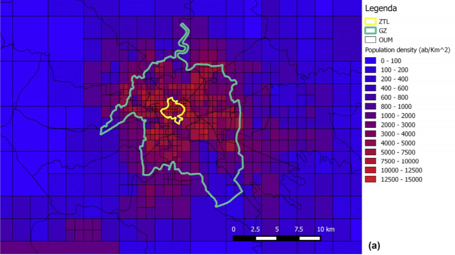 Map showing population density in a city, with a legend indicating density ranges and distinct zones.