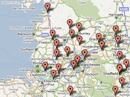 Map of northern England with multiple red pins indicating locations such as Manchester, Liverpool, Leeds, Preston, Blackburn, and Sheffield.
