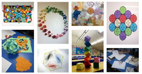 Collage of geometric art projects and educational activities, including patterns, 3D models, and student work with colorful shapes.