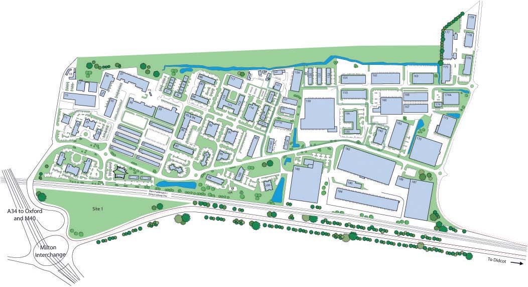 Site plan showing the layout of a business park with numbered buildings, roads, and major highway connections.