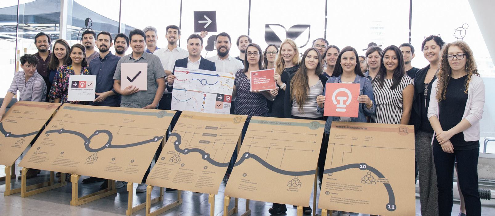 Group of people standing with large cardboard displays detailing complex process flows and diagrams, suggesting a project presentation or workshop.