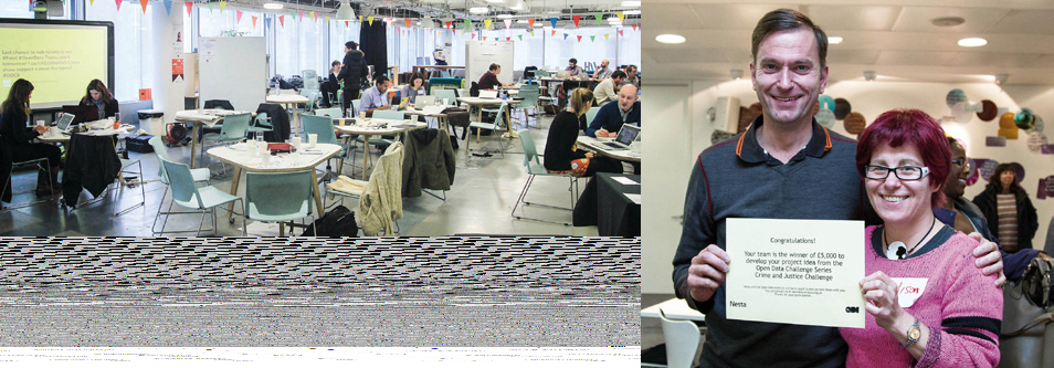 A man and woman hold a sign announcing they won £5,000 for the Open Data Challenge Series, with a photo of people working in an open event space.