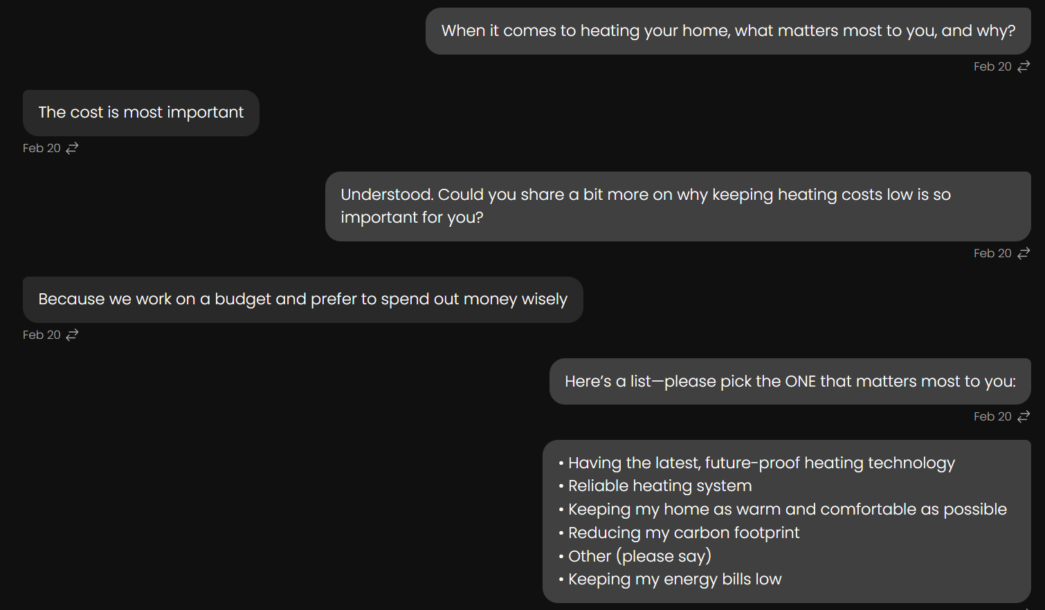Screenshot of a chat conversation where a user states that heating cost is most important due to budgeting, followed by a list of other heating priorities.
