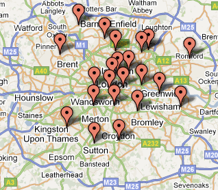 Map of the London area with numerous red pins indicating specific locations within and around the city, including central London, Croydon, and Enfield.