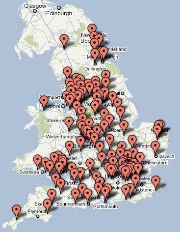 Map of England and Wales showing a high density of red pins across the country, indicating numerous geographic locations.