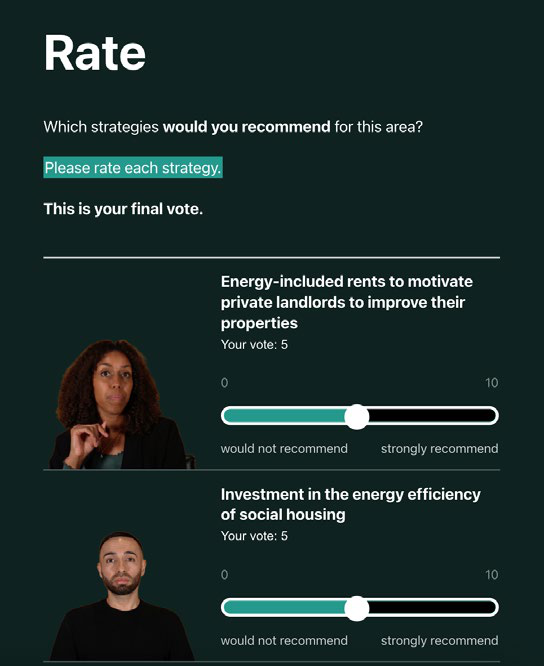Screenshot of a "Rate" survey screen, displaying two strategies for property improvement with user votes and sliders.