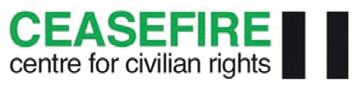 CEASEFIRE logo for 'centre for civilian rights' with two prominent black vertical bars.