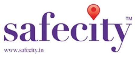 Safecity logo with a red map pin icon replacing the dot on the 'i' and the website 'www.safecity.in'.