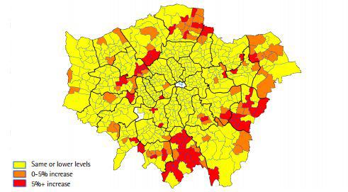 Map of London districts colored to show changes in levels: yellow for same or lower, orange for 0-5% increase, and red for 5%+ increase.