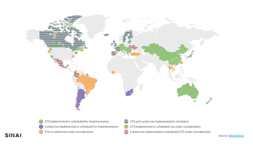 World map showing the status of ETS and carbon tax implementation and consideration across different countries.