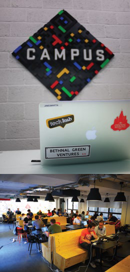 A composite image showing a pixelated 'CAMPUS' sign on a wall and a bustling open-plan co-working space below.