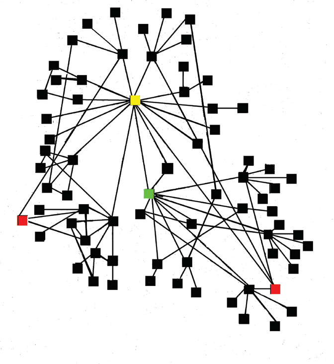Network diagram showing interconnected nodes, with three central nodes highlighted in yellow, green, and red, illustrating relationships.