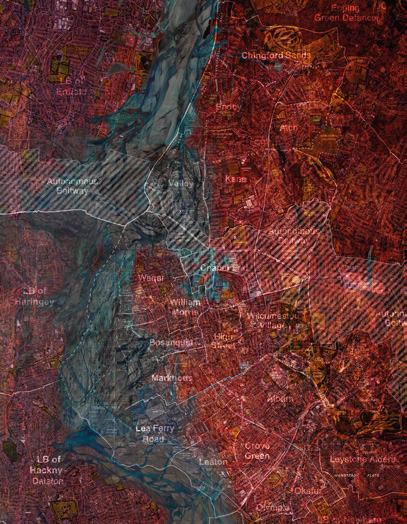 Stylized map of a London area with place names like Hackney, Walthamstow, and Leytonstone, overlaid with abstract textures.