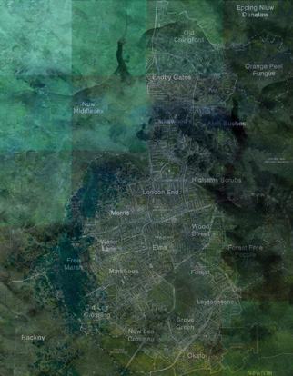Stylized map of a London urban area showing place names like Old Chingford, Leytonstone, and Hackney, with green and blue overlays.
