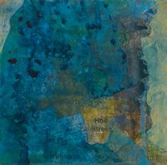 Abstract map-like image with blue and brown tones, featuring faint place names such as Hoe Street and Markhouse.