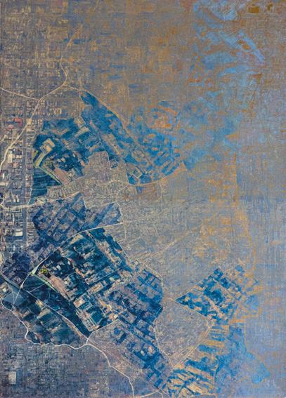 Stylized aerial map showing urban and agricultural land patterns with a fading effect.