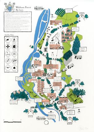 Illustrated map of Waltham Forest showing local by-laws, buildings, natural features, and a legend for "5th Day Roles."