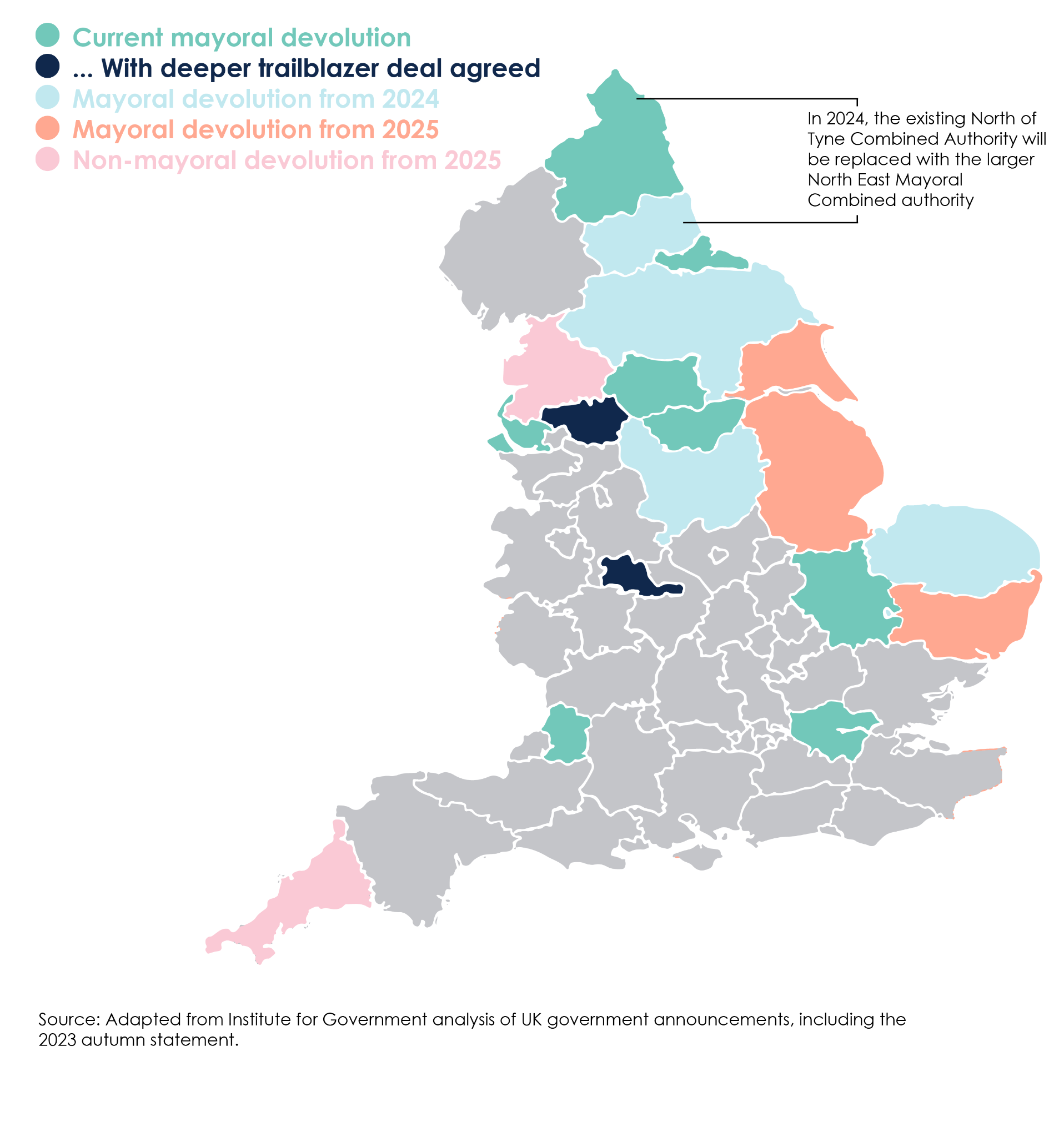 Map of England illustrating mayoral devolution status across different regions, categorized by current, agreed deals, and future devolution from 2024 and 2025.