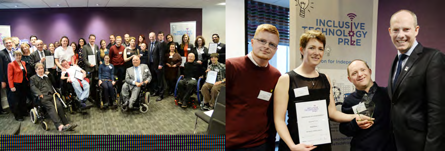 Group photo of diverse participants, some in wheelchairs, at an Inclusive Technology Prize event. Individuals on the right hold certificates and trophies.