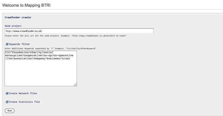 Screenshot of the Crowdfunder crawler interface showing input fields for a seed project URL and keywords filter.