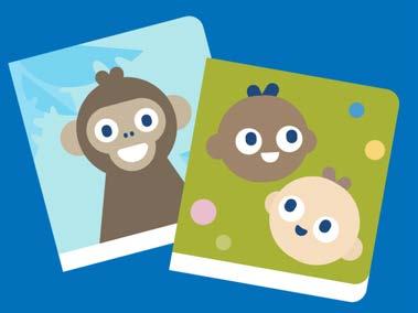 Illustration of two colorful children's picture books, one featuring a monkey and the other with two baby faces.