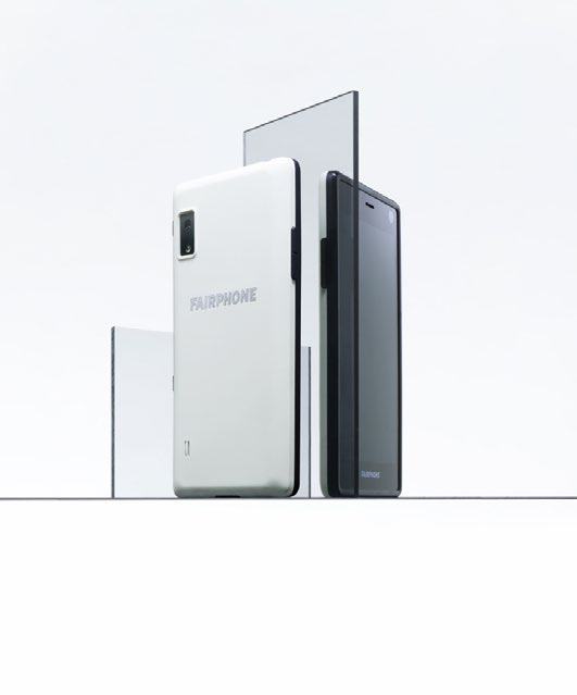 Two Fairphone smartphones, one white and one black, displayed upright against a white background.