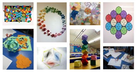 Collage of various student projects, including paper crafts, colorful geometric patterns, and students drawing.