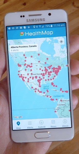 Screenshot of a smartphone displaying a "HealthMap" application with alerts marked across North America.