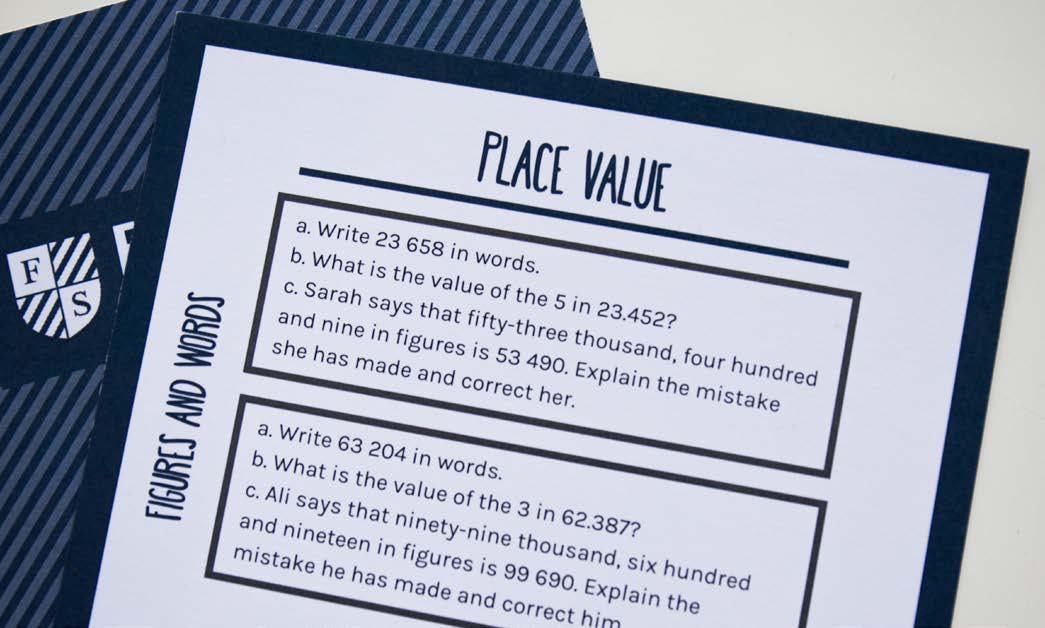 A document titled "PLACE VALUE" and "FIGURES AND WORDS" displays math questions related to numerical understanding.