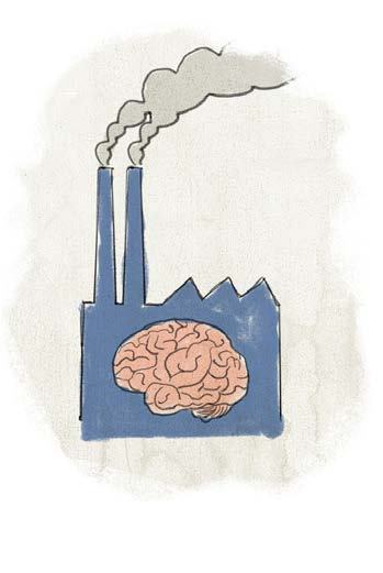 Illustration of a factory with smokestacks, containing a human brain, symbolizing innovation or intellect in industry.